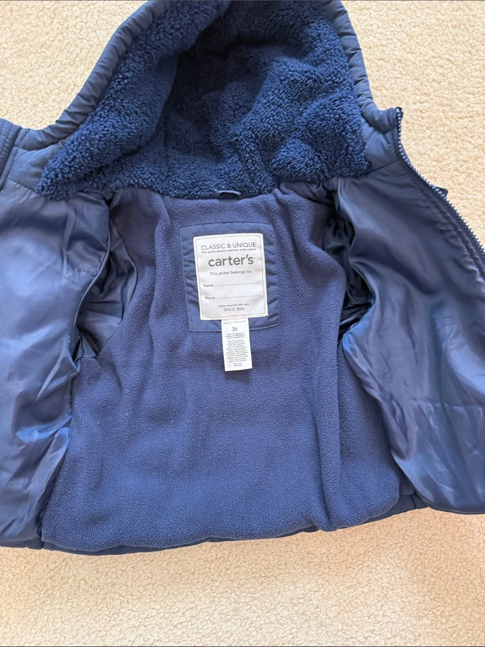 Carter's Hooded Fleece Lined Puffer Coat Size 3T
